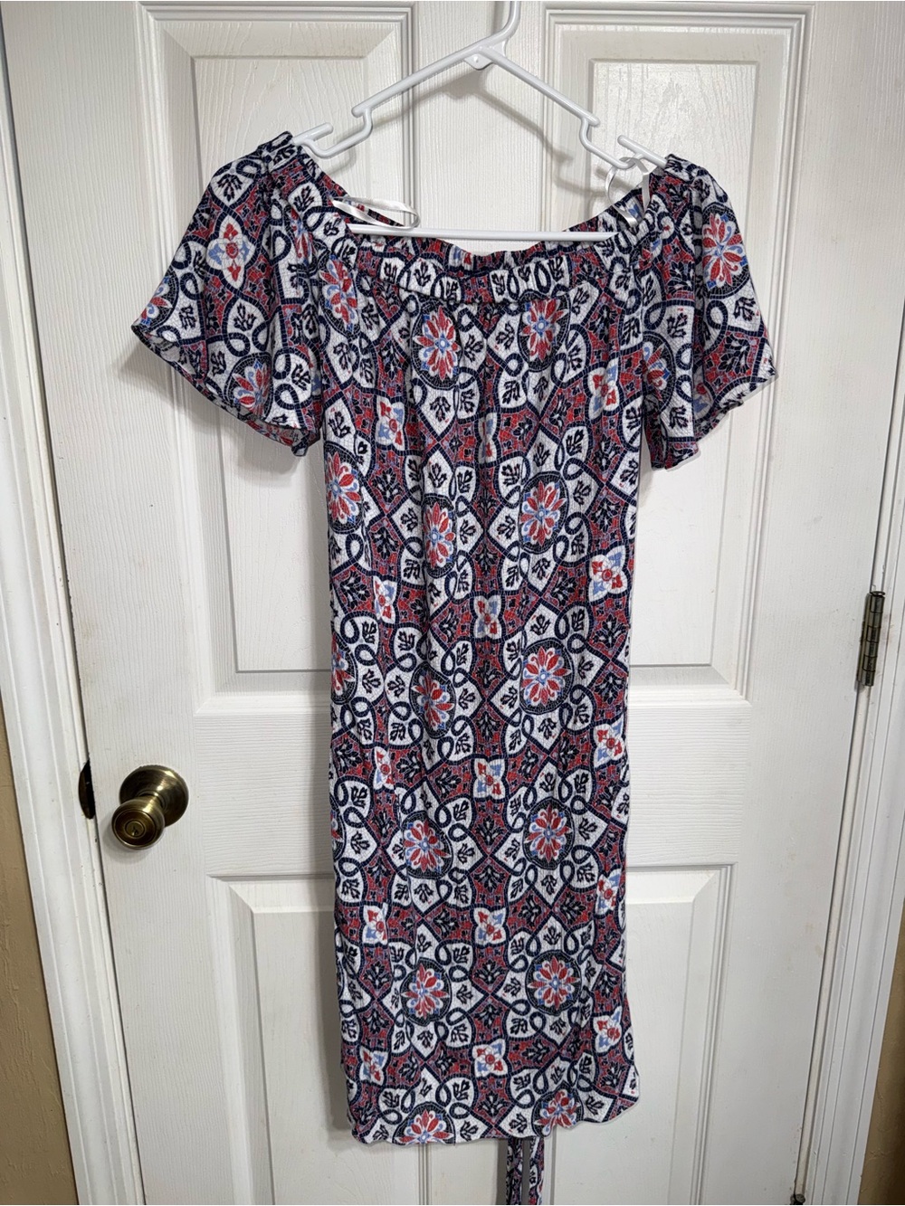 Michael Kors Navy, Coral and White Off-Shoulder Floral Tile Midi Dress
